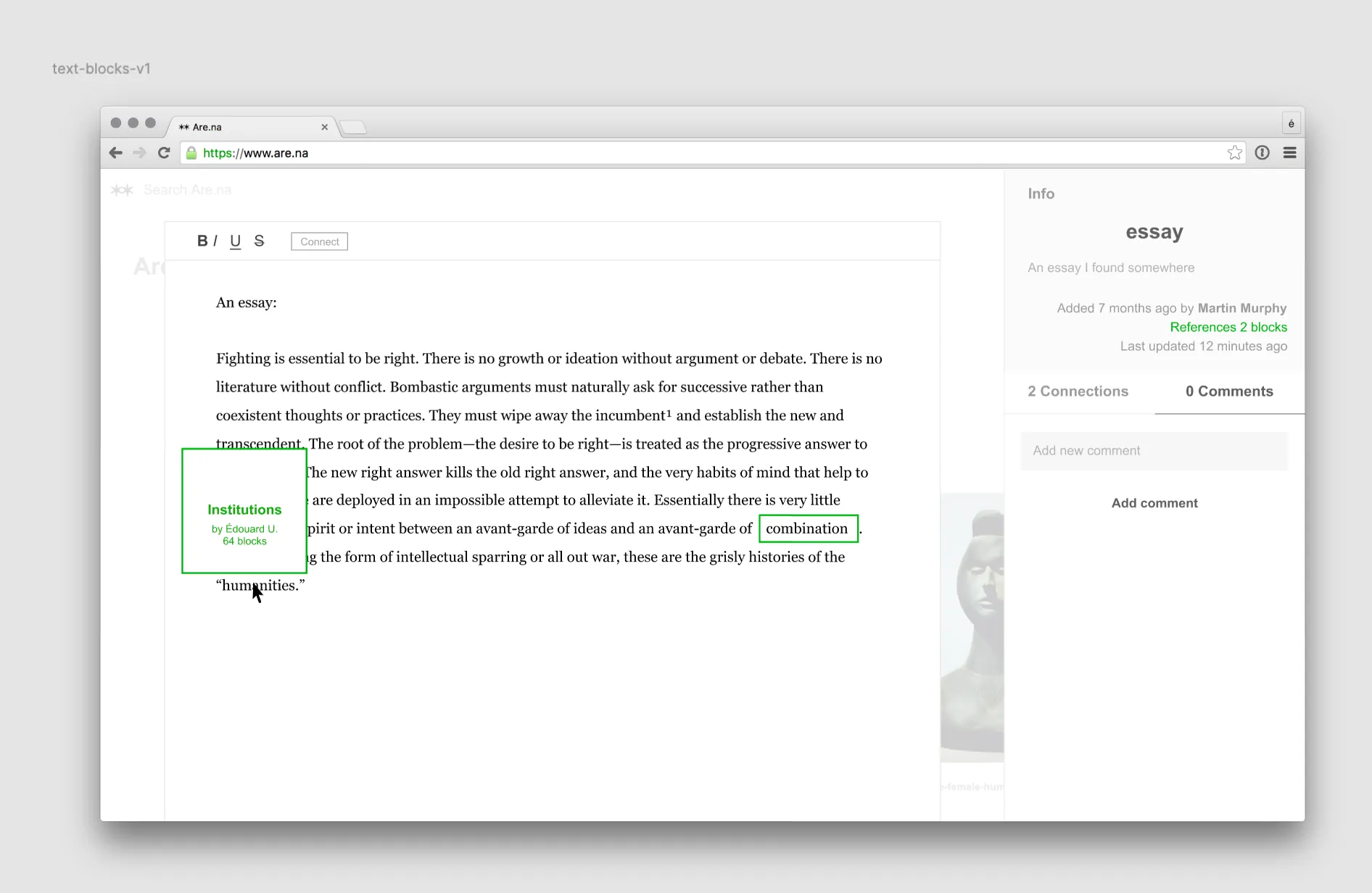 An unsolicited sketch of an are.na interface for allowing text within text blocks to link to channels. This existed before backlinking was popularized/productized by Roam Research and clones.