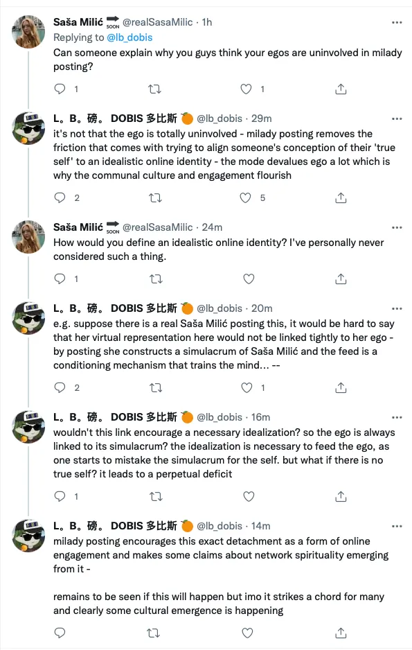 A screenshot of a twitter thread/conversation. The conversation details a discussion of the nature of one’s ego attachment to their posting as a pseudonymous collective.