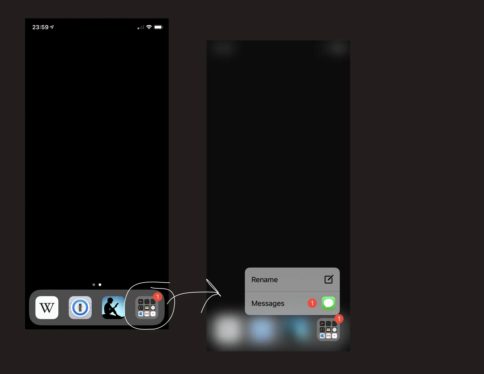 A screenshot of a simple diagram showcasing how long-pressing on the fourth icon in the app shelf, a folder of the rest of my apps, can be used to quickly access apps with unread notifications.