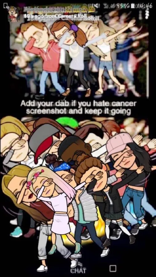 A screenshot of Snapchat, and what appears to be a 'screenshot meme' in which hundreds of people have taken a screenshot of the prior post and superimposed their own avatar/message atop the prior post. The text in the center of the meme states 'Add your dab if you hate cancer - screenshot and keep it going'. What appears to be hundreds of avatars all superimposed upon one another through successive screenshooting are all performing a 'dab' emote