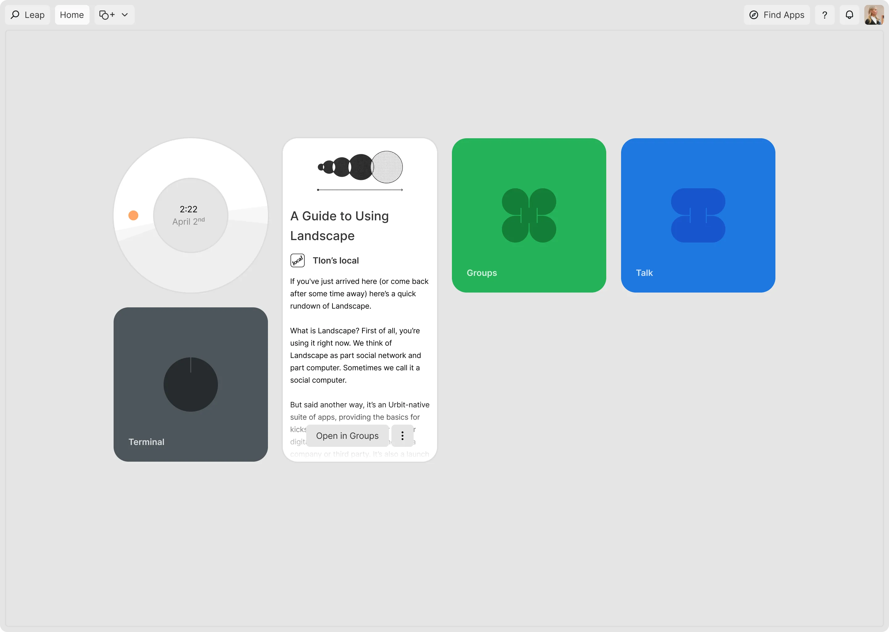 A design rendering/depiction of the latest iteration of our core OS interface named 'Surface'. This image of Surface features the core top nav/tab bar and 5 various widgets centered in the main screen area.