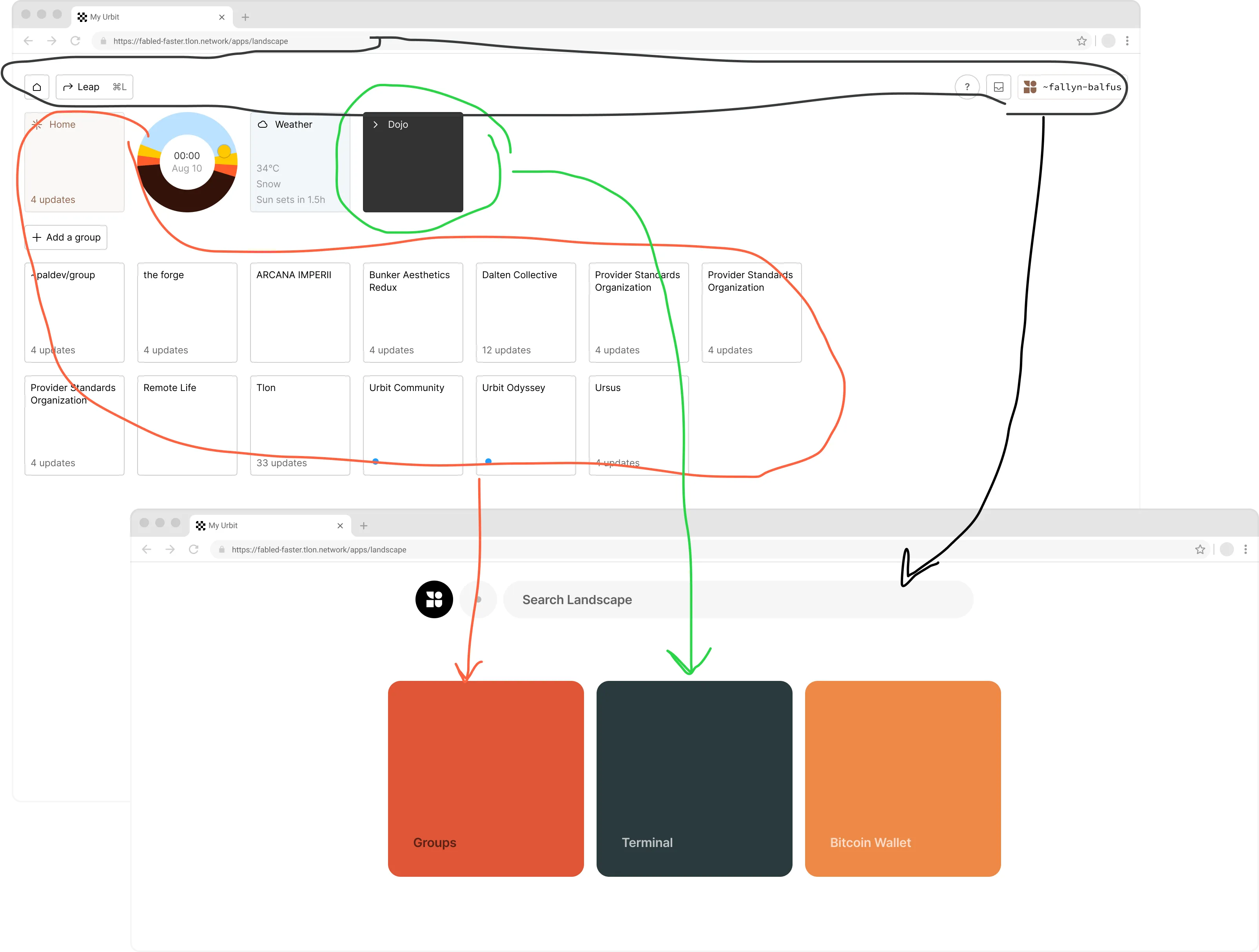 Using color-coded arrows and circles, this sketch indicates which parts of OS2 were recontextualized to become the next iteration of our flagship interface, nicknamed 'Grid'.