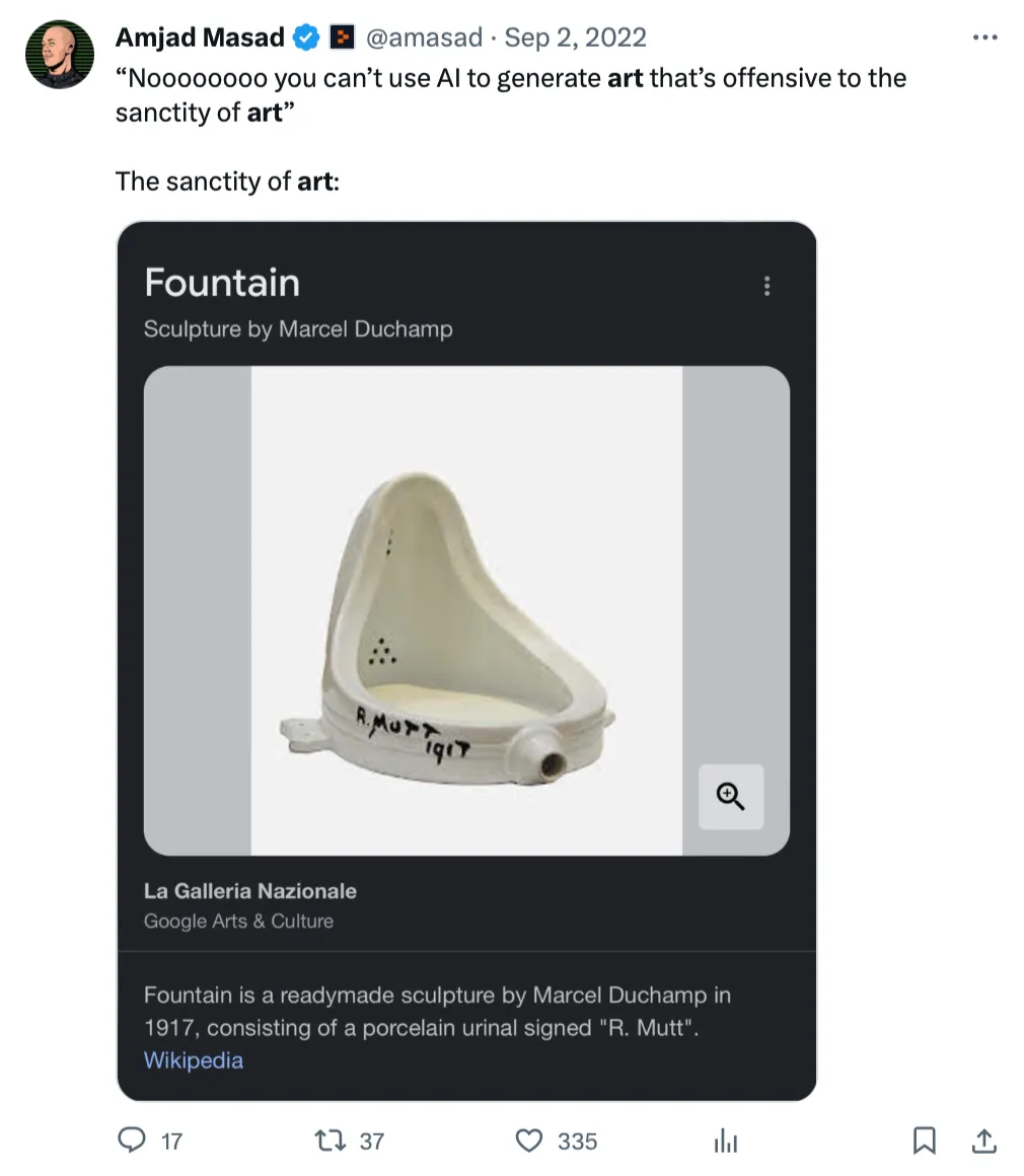 Screenshot of a tweet by @amasad with the following text: 'Noooooooo you can't use AI to generate art that's offensive to the sanctity of art. The sanctity of art: [image of Duchamp's Fountain]'