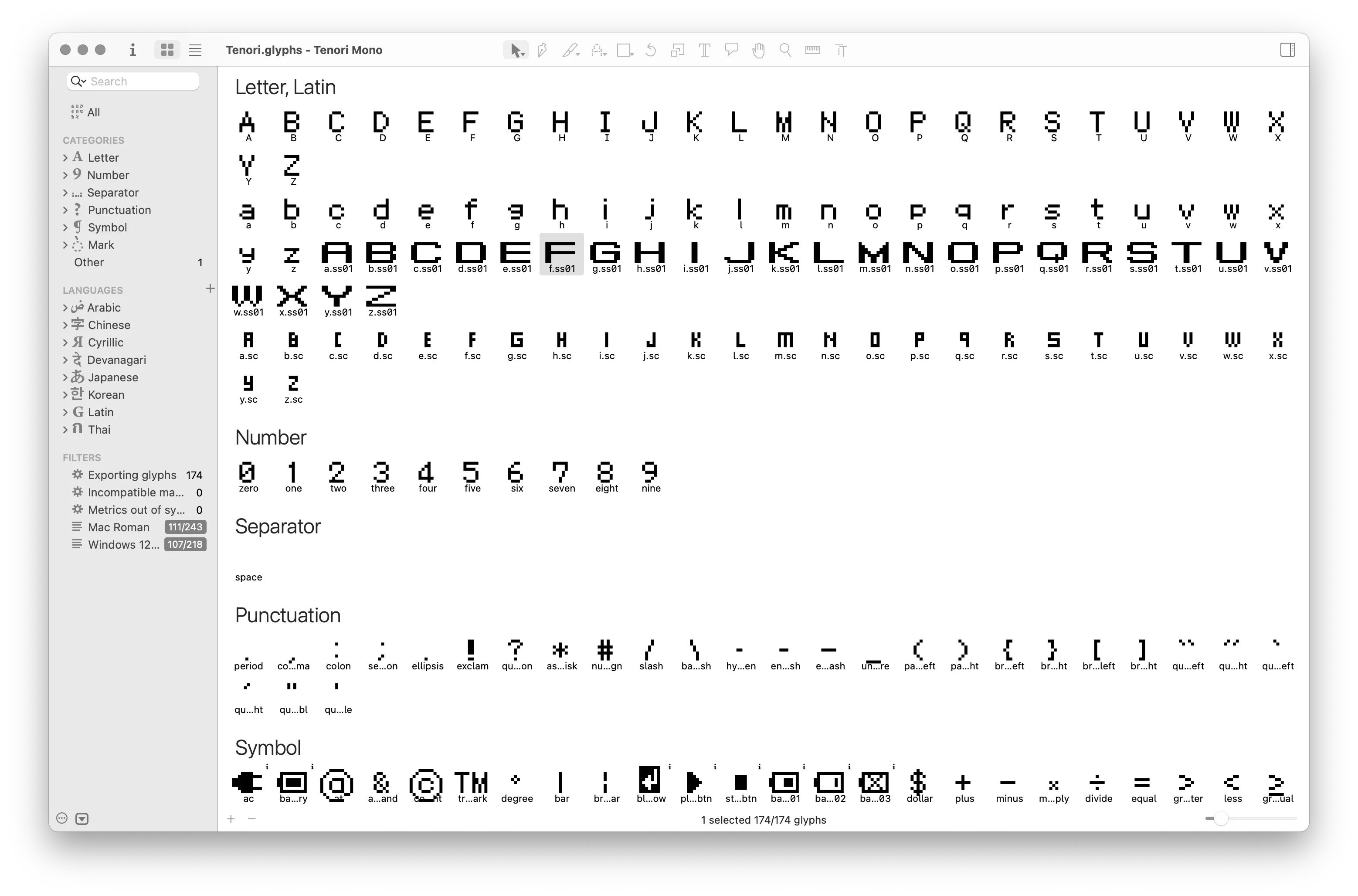 A screenshot of the app 'Glyphs' featuring some Latin glyphs of Tenori, including various punctuation marks.